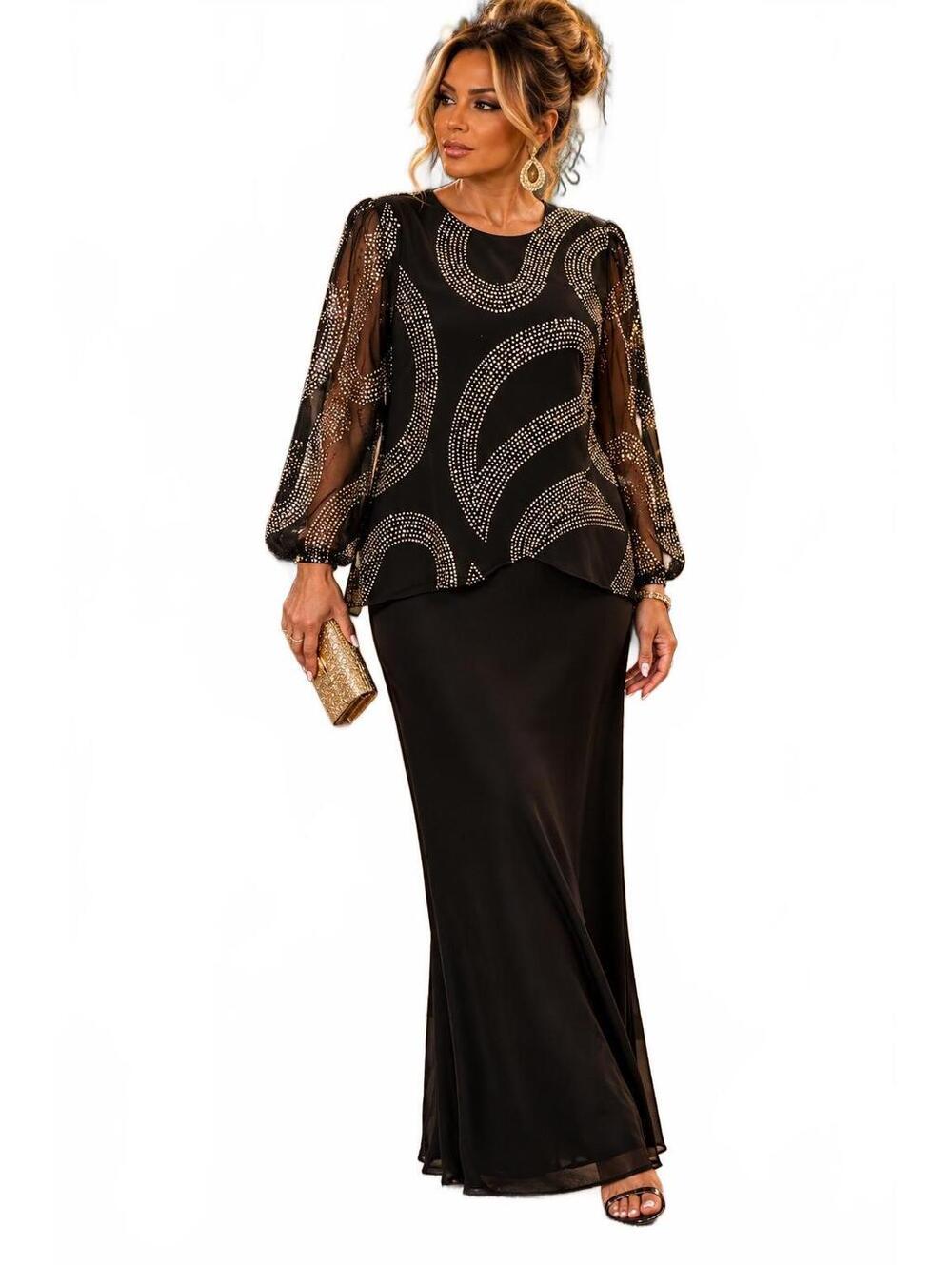 Dina Bennett Black Silver Rhinestone 80s Timeless Glam Evening Gown-Size Small